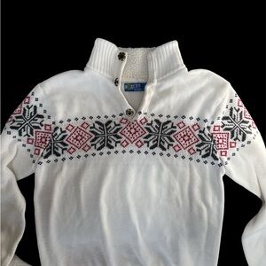 100% Cotton White Sweater with Red and Black Snowflake Pattern unisex